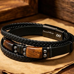 Pulsera de cuero personalizada para hombre con piedras ojo de tigre, pulsera de cuero trenzado para hombre, pulsera con mensaje oculto, regalos de aniversario para marido.