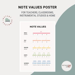 May include: A Note Values Poster featuring musical notation for whole, half, quarter, eighth, and sixteenth notes. The chart displays colored bars and counting rhythms. Text includes: NOTE VALUES POSTER, FOR TEACHERS, CLASSROOMS, INSTRUMENTAL STUDIOS & HOME, NOTE VALUES, WHOLE, SEMIBREVE, HALF, MINIM, QUARTER, CROTCHET, EIGHTH, QUAVER, SIXTEENTH, SEMIQUAVER, INSTANT DOWNLOAD, and OCTAVE & CO.