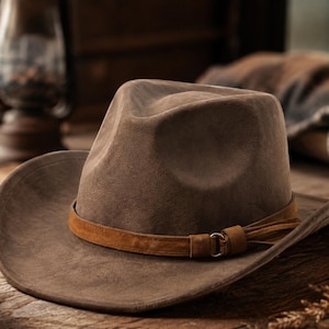 Peut inclure: Un chapeau fedora en feutre marron doté d'une calotte pincée et d'un bord large légèrement incurvé. Une fine bande en daim marron clair entoure la base de la calotte, fixée par un petit anneau métallique et ornée de franges en daim.