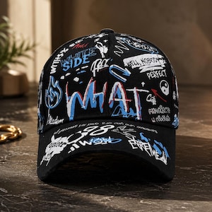 Puede incluir: Una gorra de béisbol negra con un estampado estilo grafiti en blanco, azul y rojo. El diseño incluye varias palabras y frases como WHAT, WHITE SIDE, WELL NOBODY PERFECT, además de otros símbolos abstractos y patrones de texto garabateados.