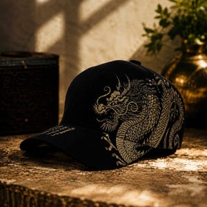 Può includere: Un cappellino da baseball nero con un'illustrazione dettagliata di un drago color oro stampata sul pannello laterale. Il disegno del drago si estende sul lato del cappellino, mostrando squame intricate e baffi fluenti in finitura dorata.