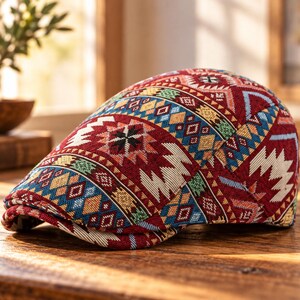May include: A flat cap featuring a vibrant, multi-colored woven pattern on a deep red background. The design includes geometric shapes, diamonds, and jagged lines in shades of blue, yellow, green, and white, creating a textured appearance.
