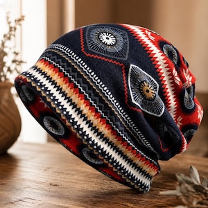 Könnte beinhalten: Eine locker sitzende Mütze mit dunkelblauer Basis und einem sich wiederholenden Muster aus stilisierten Augenmotiven in Weiß, Schwarz und Gold. Das Design enthält horizontale Bänder mit roten, weißen und gelben Zickzack- und Zickzackmustern.