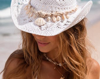 White Boho Cowboy Hat with Seashells - Beach Cowgirl Hat
