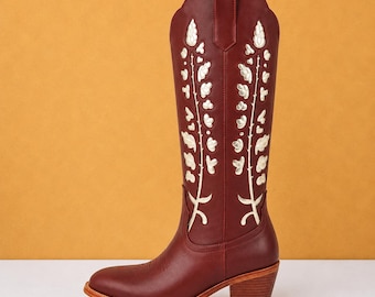 Handmade Women’s Wine Red Cowboy Boots Embroidered Floral Mid Calf Western Chunky Heel Shoes