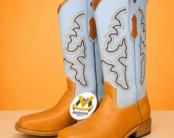 Handgemaakte leren cowboylaarzen voor heren in bruin en lichtblauw, western ranchlaarzen met vierkante neus, geborduurde instaplaarzen, cadeau voor hem