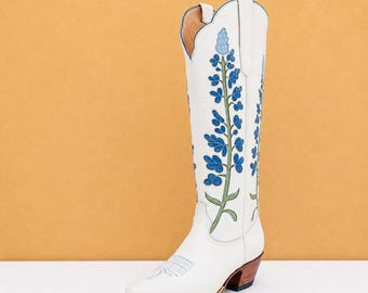 Białe kowbojskie buty, niebieskie, haftowane kwiaty, skórzane, kowbojskie, wysokie obuwie jeździeckie