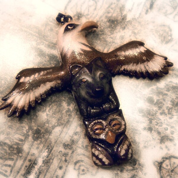 Totem pole polymer clay pendant with an eagle, a wolf and an owl, brown tribal pendant