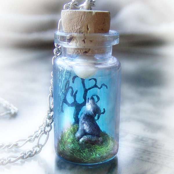 Wolf howling into the moon bottle necklace,  terrarium necklace, wolf necklace, polymer clay jewelry, personalized gift