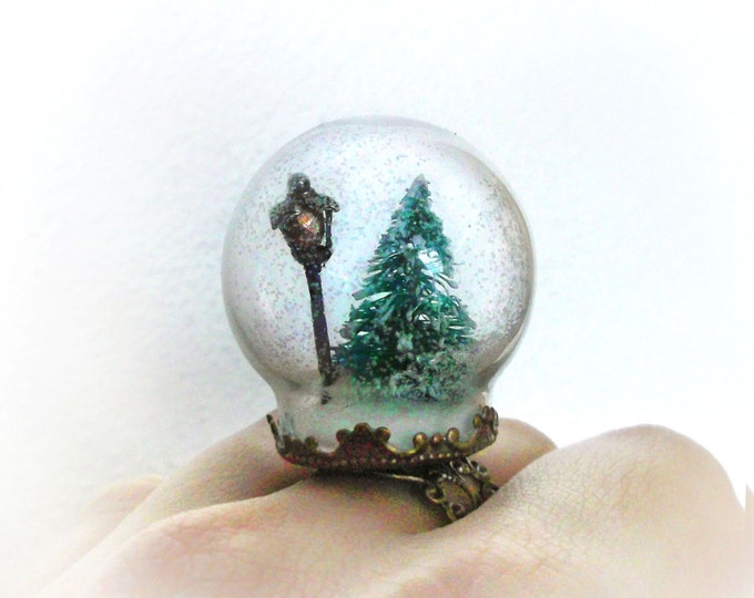 Narnia Inspired Snow Globe Ring, Winter Wonderland Scene, Adjustable