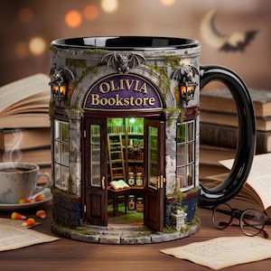 Personalized Halloween Bookstore Mug, Witchy Book Lover Mug, Custom Haunted Bookstore Coffee Cup, Spooky Reader Gift, Gothic Bookworm Mug