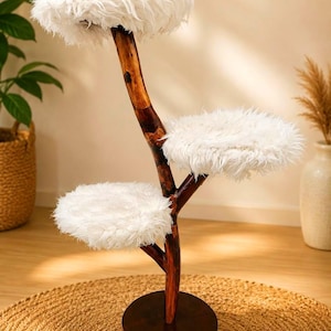 Handmade Natural Wood Cat Tree | Rustic Trunk Perch, Faux Fur Platforms, Scandinavian Furniture