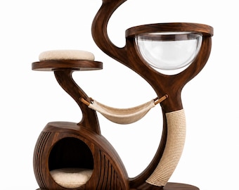 Luxuriöser Katzenbaum aus Holz mit Acryl-Luftpolsterkuppel, moderner Katzenkratzbaum, Katzenhöhle aus massivem Walnussholz, Katzenhängematte, skandinavische Katzenmöbel