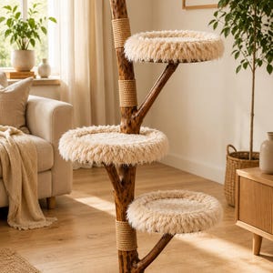 Arbre à chat en bois naturel | Tour rustique en tronc massif, perchoir moderne, zones à griffer en sisal