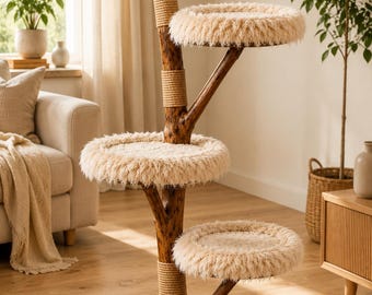 Árbol rascador para gatos de madera natural / Torre rústica de tronco macizo, percha moderna, zonas de rascado de sisal