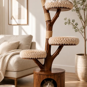 Arbre à chat de luxe en bois de sheesham | Condo pour chat moderne et minimaliste, perchoirs moelleux