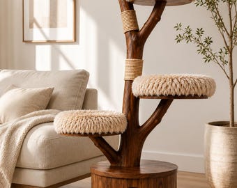 Luxury Sheesham Wood Cat Tree | Modern Minimalist Cat Condo, Plush Perches