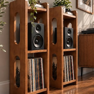 May include: Two tall, light brown wooden shelving units with rounded vertical cutouts on the sides. Each unit features two shelves holding a black speaker on the top level and a collection of vinyl records stored vertically on the bottom level.