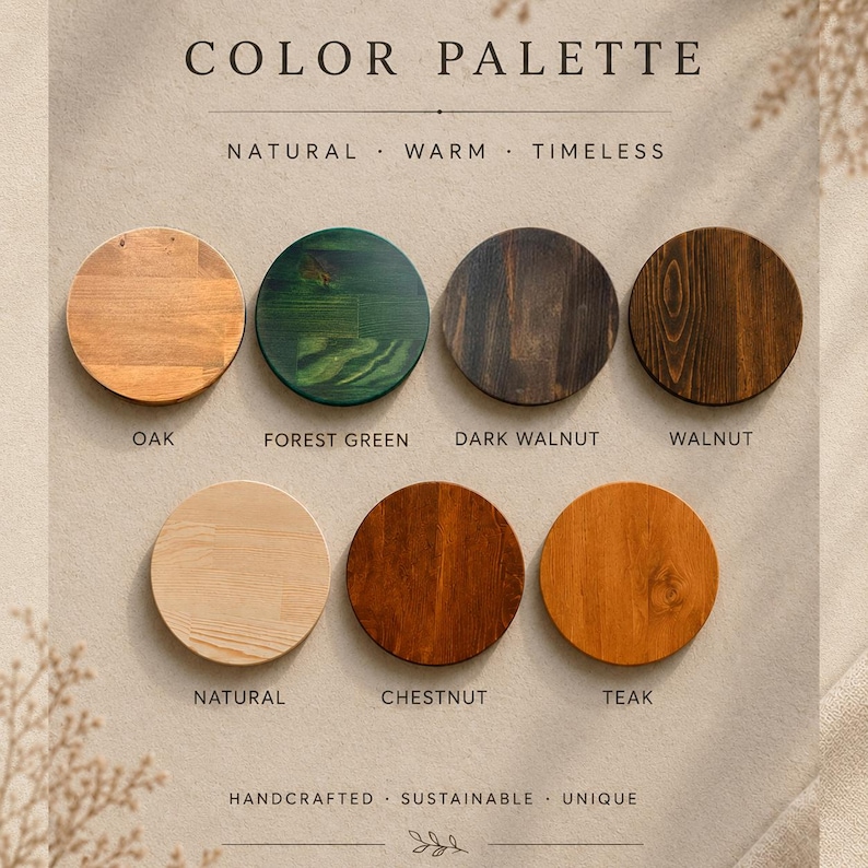Puede incluir: Una paleta de colores con siete discos circulares de madera en varios acabados etiquetados como Oak, Forest Green, Dark Walnut, Walnut, Natural, Chestnut y Teak. El texto dice COLOR PALETTE, NATURAL, WARM, TIMELESS, HANDCRAFTED, SUSTAINABLE, UNIQUE.