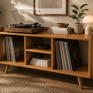 May include: A light brown wooden media console with four open storage compartments, featuring a turntable on top, stacks of vinyl records, books titled Kinfolk and Bauhaus, a small wooden bowl, and a white mushroom-shaped lamp on the surface.