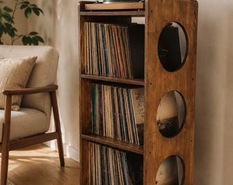 Solid Wood Record Player Stand, Vertical Vinyl Storage Cabinet, Mid Century Modern Design