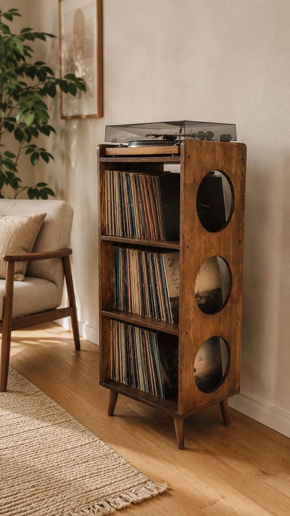 Solid Wood Record Player Stand, Vertical Vinyl Storage Cabinet, Mid Century Modern Design