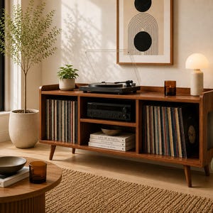 Op de afbeelding: Een mediameubel van walnoothout in mid-century stijl met twee zijvakken gevuld met vinylplaten, een centrale plank met een versterker en een bovenblad waarop een zwarte platenspeler, een kleine plant in een pot en een lamp zijn geplaatst.