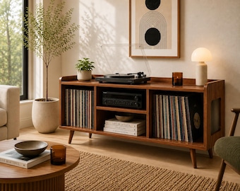 Record Player Stand with Receiver Shelf, Turntable Stand with Vinyl Storage, Mid Century Stereo Cabinet, Solid Wood Audio Console