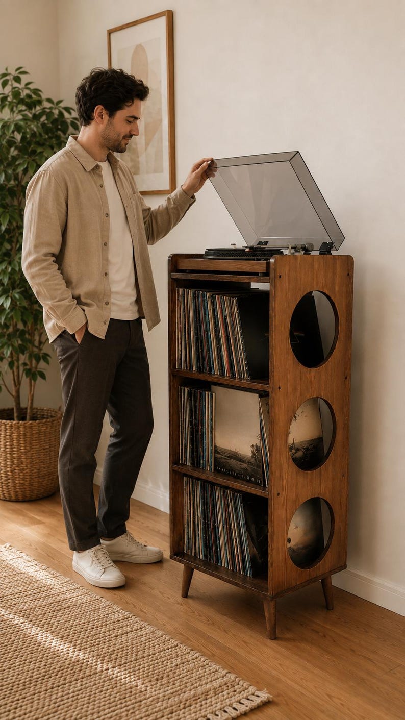 Puede incluir: Un mueble de madera alto y rectangular para guardar discos, con tres estantes abiertos para &aacute;lbumes de vinilo y una superficie superior con un tocadiscos con tapa transparente. El panel lateral tiene tres aberturas circulares.