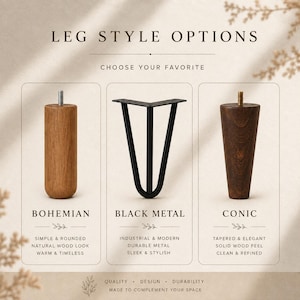 Puede incluir: Tres opciones de patas para muebles bajo el t&iacute;tulo LEG STYLE OPTIONS. La primera es una pata cil&iacute;ndrica de madera clara etiquetada como BOHEMIAN. La segunda es una pata de horquilla de metal negro etiquetada como BLACK METAL. La tercera es una pata c&oacute;nica de madera oscura etiquetada como CONIC.