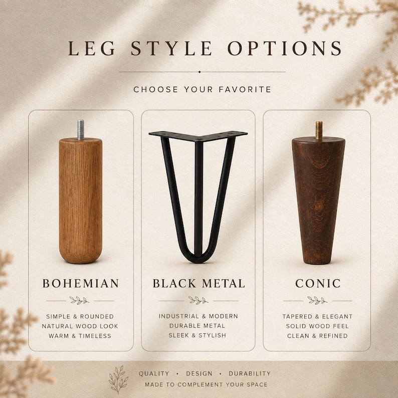 Puede incluir: Tres opciones de patas para muebles bajo el t&iacute;tulo LEG STYLE OPTIONS. La primera es una pata cil&iacute;ndrica de madera clara etiquetada como BOHEMIAN. La segunda es una pata de horquilla de metal negro etiquetada como BLACK METAL. La tercera es una pata c&oacute;nica de madera oscura etiquetada como CONIC.