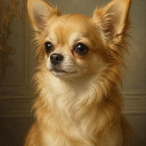 Puede incluir: Un Chihuahua de pelo largo con pelaje de color tostado dorado y pecho blanco. El perro tiene ojos grandes, oscuros y expresivos, nariz negra y orejas erguidas y puntiagudas. El retrato muestra al canino desde el pecho hacia arriba.