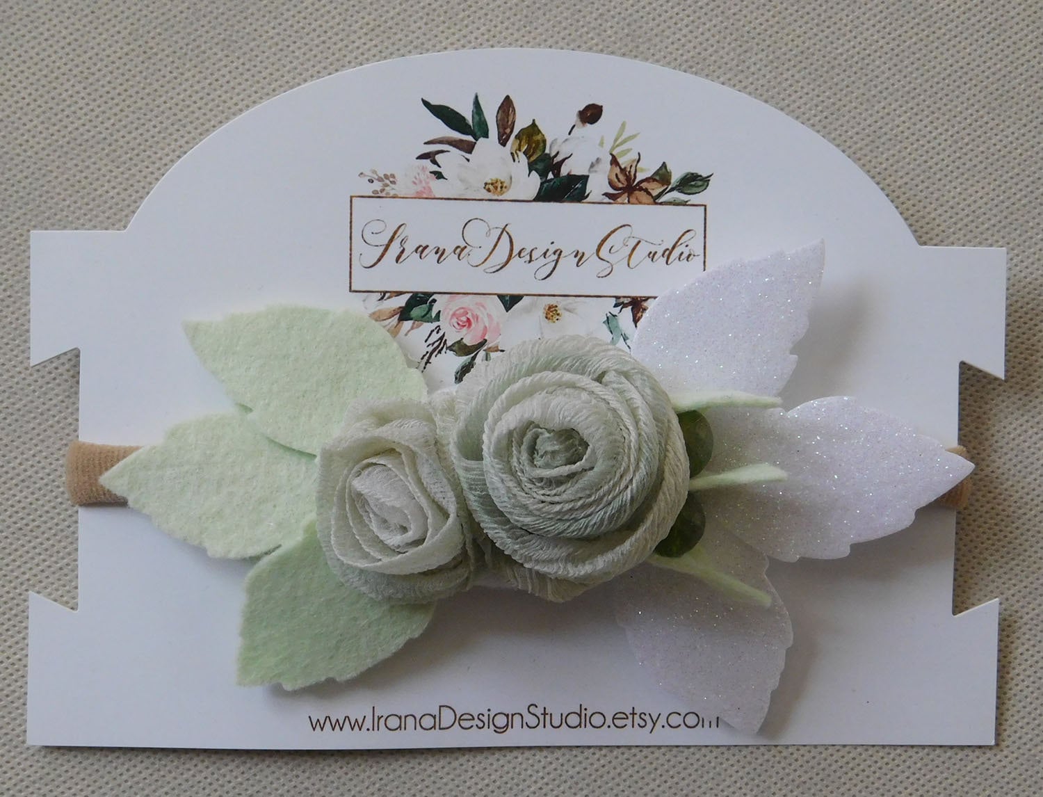 five white flowers with roses with leaves handmade UK Christening baby headband