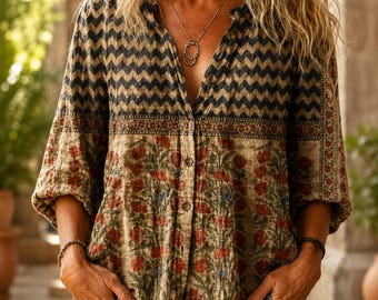 Women Floral Embroidered Boho Blouse,Lightweight Polyester Fashion Top