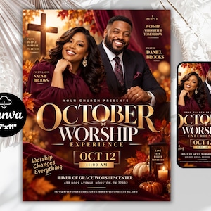 May include: A digital flyer and mobile phone display for an October Worship Experience event. The design features a man and woman, a cross, autumn leaves, and pumpkins. Text includes October Worship Experience, Oct 12, 11:00 AM, and River of Grace Worship Center, Houston, TX. The flyer is 8.5 inches by 11 inches.