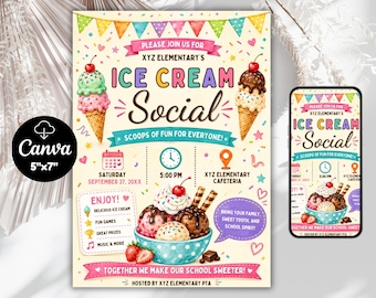 Ice Cream Social Flyer | Ice Cream Fundraiser | Canva Template | Ice Cream Party | Ice Cream Fundraiser | Ice Cream Invite Template