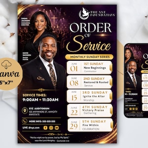 May include: A 5x7 inch digital flyer template titled Order of Service for The XYZ Foundation. It features portraits of a managing director and senior pastor, a monthly Sunday series schedule, service times, location details, and contact info.