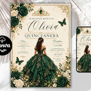 Modèle d'invitation de quinceañera vert émeraude, invitation de princesse Sweet15 de luxe, invitation florale modifiable sur Canva, élégante invitation de quinceañera or et vert