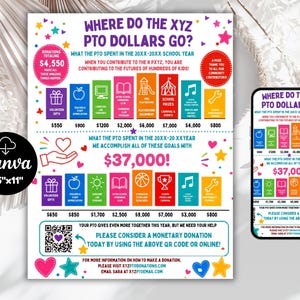 Puede incluir: Una infografía de 8.5 por 11 pulgadas titulada Where Do The XYZ PTO Dollars Go? con gráficos de barras coloridos, iconos y texto que detalla los gastos escolares, un total de $37,000, un código QR y la información de contacto de Sara.