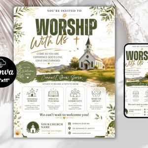 Op de afbeelding: Een uitnodigingsflyer voor een kerk van 21,6 cm bij 27,9 cm, met een witte achtergrond, groene botanische accenten, een centrale illustratie van een witte kerk en tekst zoals Worship With Us, Connect, Grow, Serve.