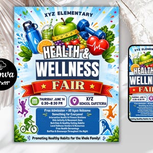 以下が含まれることがあります： XYZ Elementaryの健康とウェルネスフェアのチラシ。水筒、リンゴ、ダンベル、心臓のイラストが描かれています。テキストには、6月14日木曜日、午後6時30分から8時30分まで、XYZ学校のカフェテリアで開催されるイベントの詳細が記載されており、サイズは21.6cm x 27.9cmです。