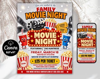 Volantino modificabile per la serata cinema: raccolta fondi in famiglia, invito stampabile (modello PDF da 5 x 7 pollici)