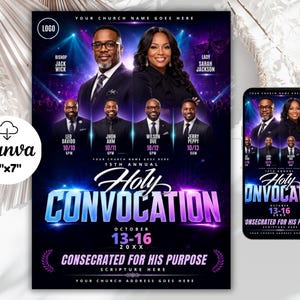 May include: A 5x7 inch church event flyer and mobile graphic featuring portraits of two leaders and four speakers against a dark purple and blue spotlight background. The text reads 15th Annual Holy Convocation, October 13-16, Consecrated For His Purpose.