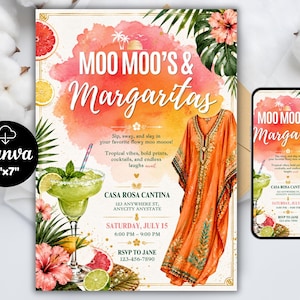 May include: A 5-inch by 7-inch party invitation template featuring a watercolor background with orange and pink hues, a margarita glass, tropical foliage, and an orange kaftan. The text reads Moo Moo's & Margaritas, Casa Rosa Cantina, Saturday, July 15, 6:00 PM - 9:00 PM, and RSVP to Jane 123-456-7890.