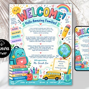 Może przedstawiać: Kolorowy list powitalny do klasy z tekstem Welcome! Hello Amazing Families! oraz ilustracjami słońca, tęczy, plecaka, książek, globusa, autobusu szkolnego i ołówka. Dokument zawiera miejsce na wpisanie szczegółów dotyczących szkoły.