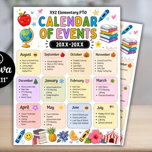 Op de afbeelding: Een kleurrijke XYZ Elementary PTO evenementenkalender voor 20XX-20XX, met afmetingen van 21,59 cm bij 27,94 cm. Het document bevat maandelijkse secties met opsommingen van evenementen, versierd met illustraties van appels, globes, boeken en kleurpotloden.