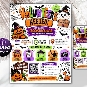 May include: A Halloween volunteer recruitment flyer and mobile phone display featuring orange, purple, and green graphics. Text includes Volunteers Needed, Join Our Team, and event details for October 28, 2026, at Pine Ridge Community Center.