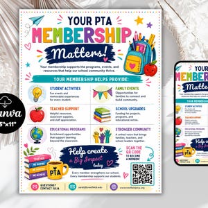 Op de afbeelding: Een 21,6 cm bij 27,9 cm PTA-lidmaatschapsflyer met een blauwe rugzak, appel en schoolspullen. De tekst luidt Your PTA Membership Matters en beschrijft voordelen zoals studentenactiviteiten, ondersteuning voor docenten en gemeenschapsimpact.