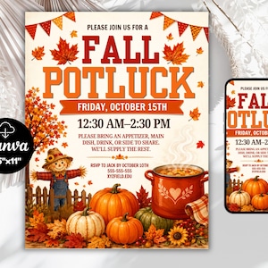 Pode incluir: Um folheto de convite para um potluck de outono com folhas de outono laranja e vermelhas, um espantalho, abóboras e uma panela fumegante. O texto diz: PLEASE JOIN US FOR A FALL POTLUCK, FRIDAY, OCTOBER 15TH, 12:30 AM-2:30 PM, e detalhes RSVP.