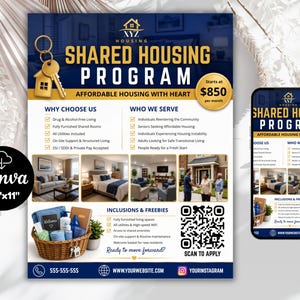 May include: A flyer and smartphone display for the XYZ Housing Shared Housing Program. The design features a gold key icon, text detailing housing services, photos of furnished rooms, a welcome basket, and a QR code for scanning to apply.